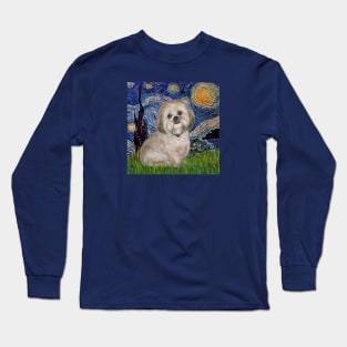 Starry Night (Van Gogh) Adapted to Feature a Lhasa Apso Long Sleeve T-Shirt